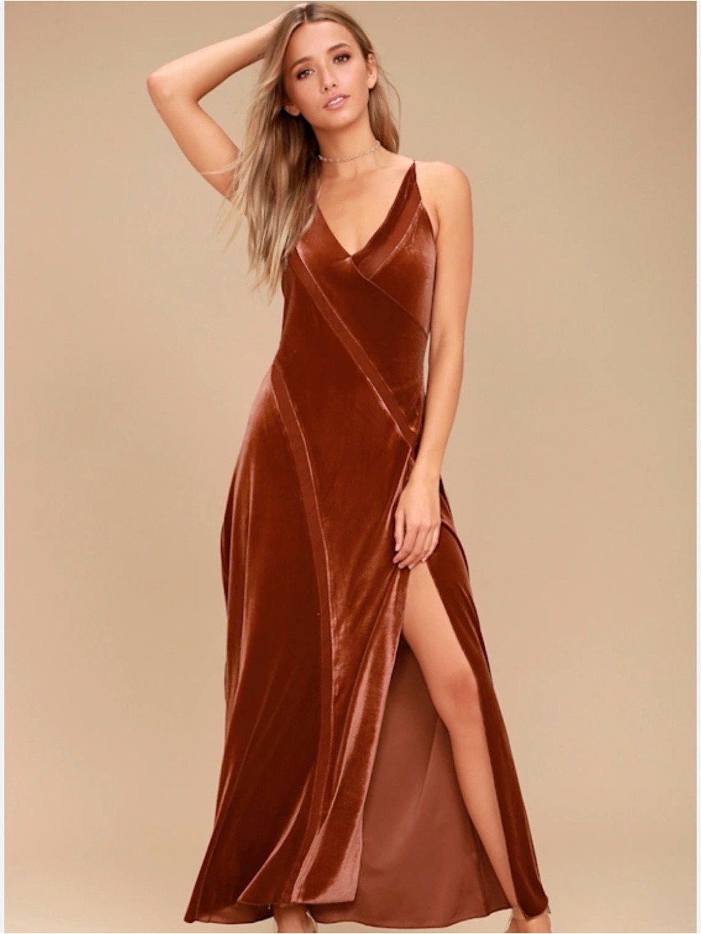Free People Copper Velvet Maxi Slip Dress with Side Slit